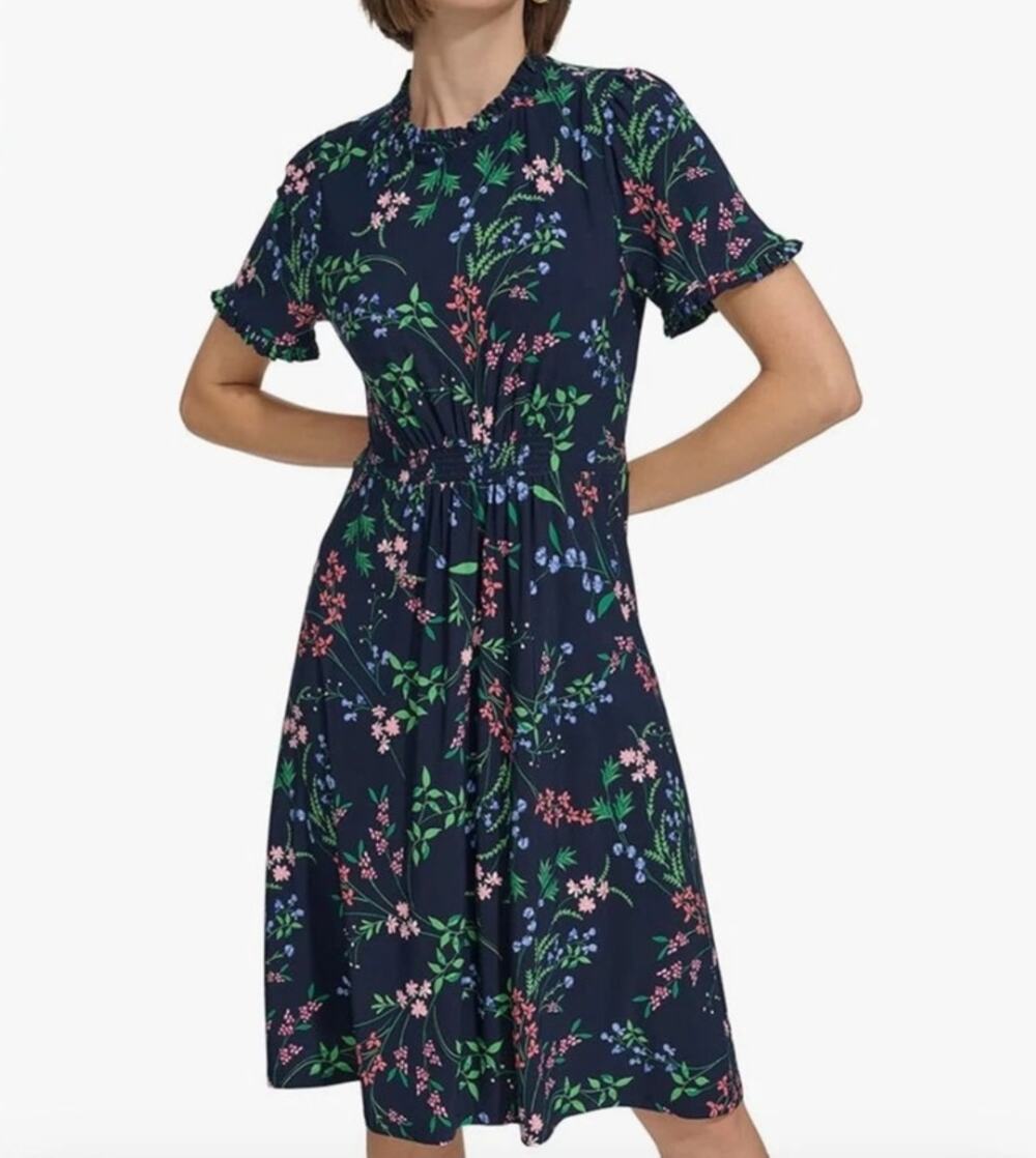 Tommy Hilfiger Navy Blue Floral Jewel Neckline Ruffle Trim Dress Women's Size 4